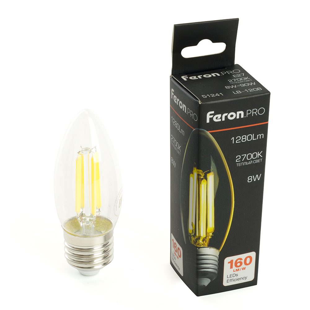 Лампа светодиодная FERON PRO LB-1208 (8W) 230V E27 2700K C35 прозрачная 