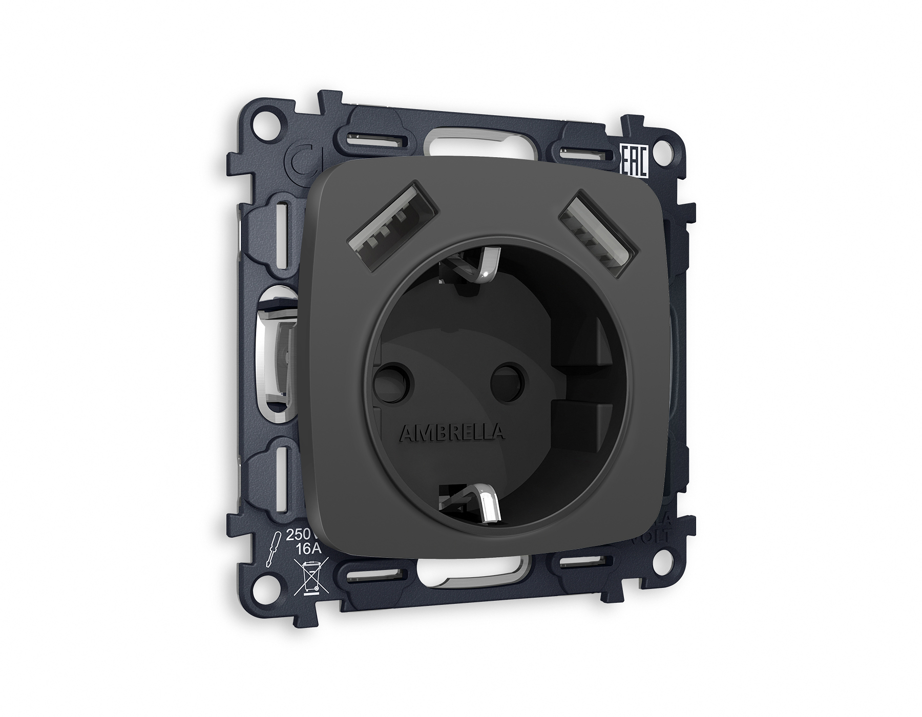 MO909010 Комплект механизма электр розетки OMEGA Графит мяг/кас 2USB A+A 18W с/з QUANT(OP9090,VM155)