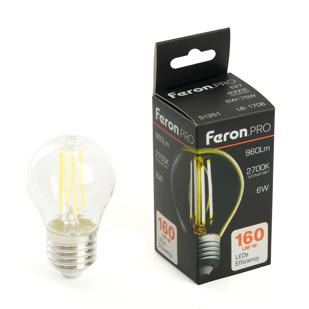 Лампа светодиодная FERON PRO LB-1706 960LM 6W 175-265V E27 2700K G45 прозрачная 