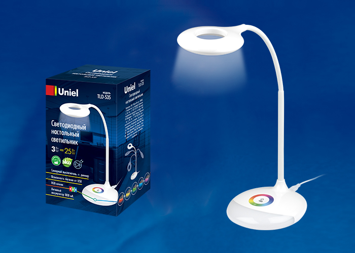 Светильник настольный UNIEL TLD-535 White/LED/250Lm/5500K/Dimmer с ночником RGB 4W сенсор, 1800mAh