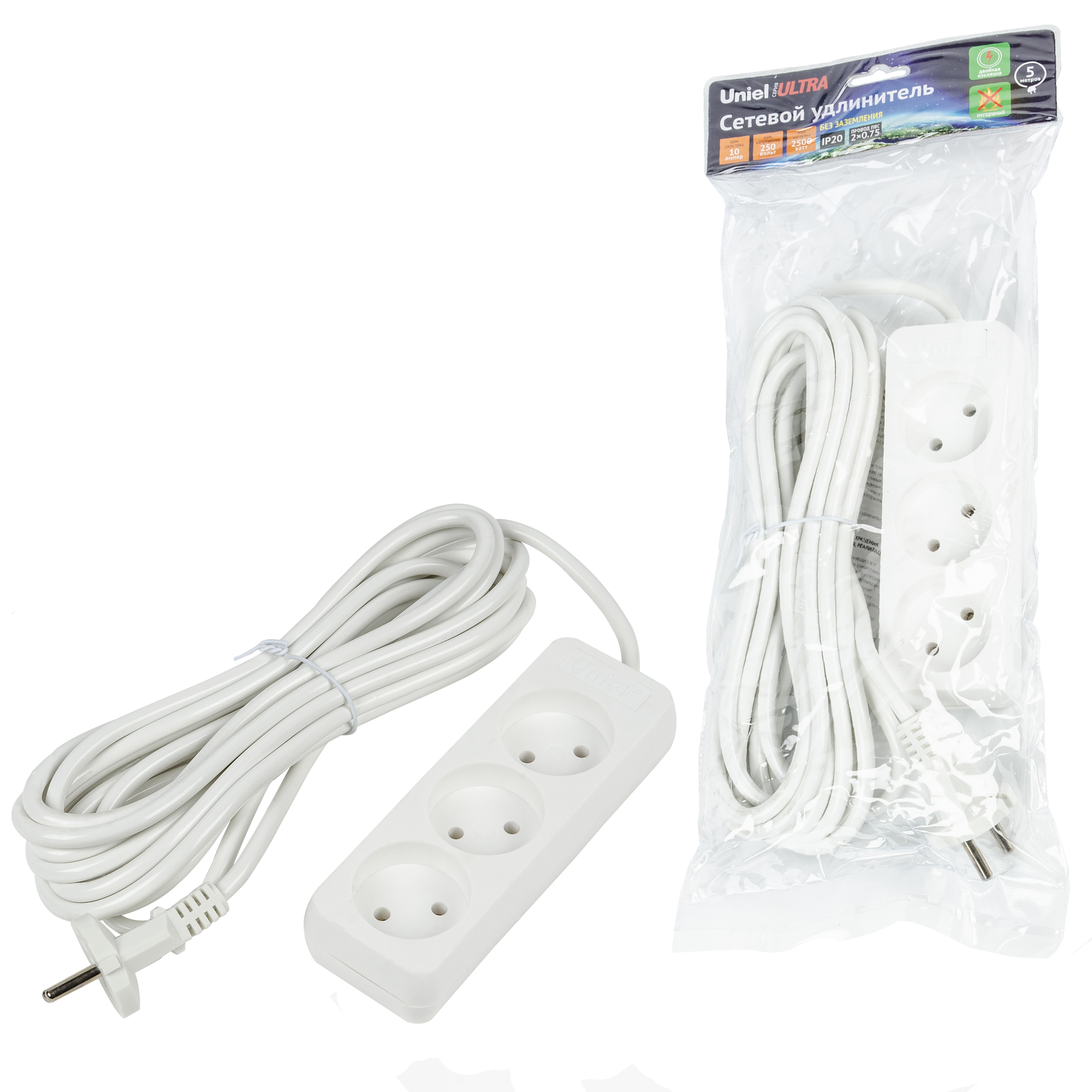 Удлинитель UNIEL S-CU3-5 WHITE шнур 5м., 3 гнезда, 10A, б/з. Белый. серии Ultra