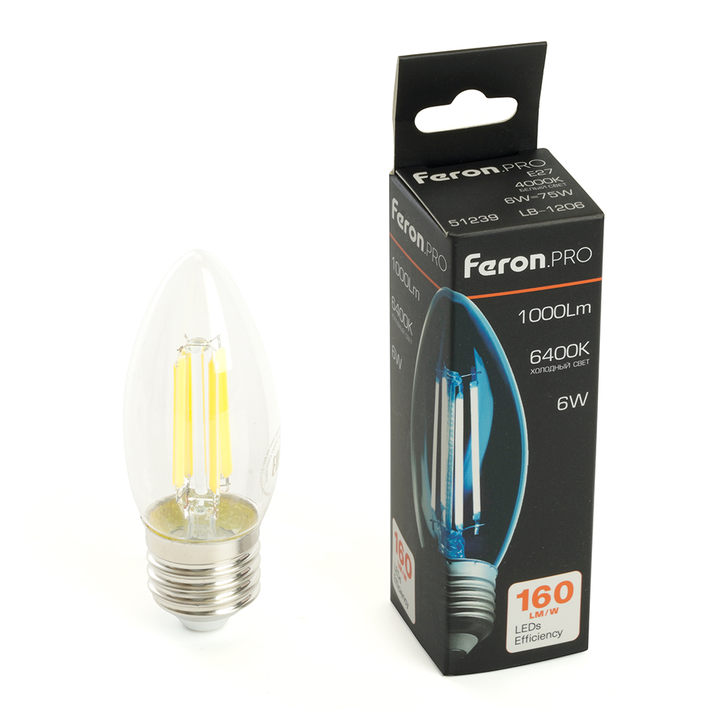 Лампа светодиодная FERON PRO LB-1206 (6W) 230V E27 6400K C35 прозрачная