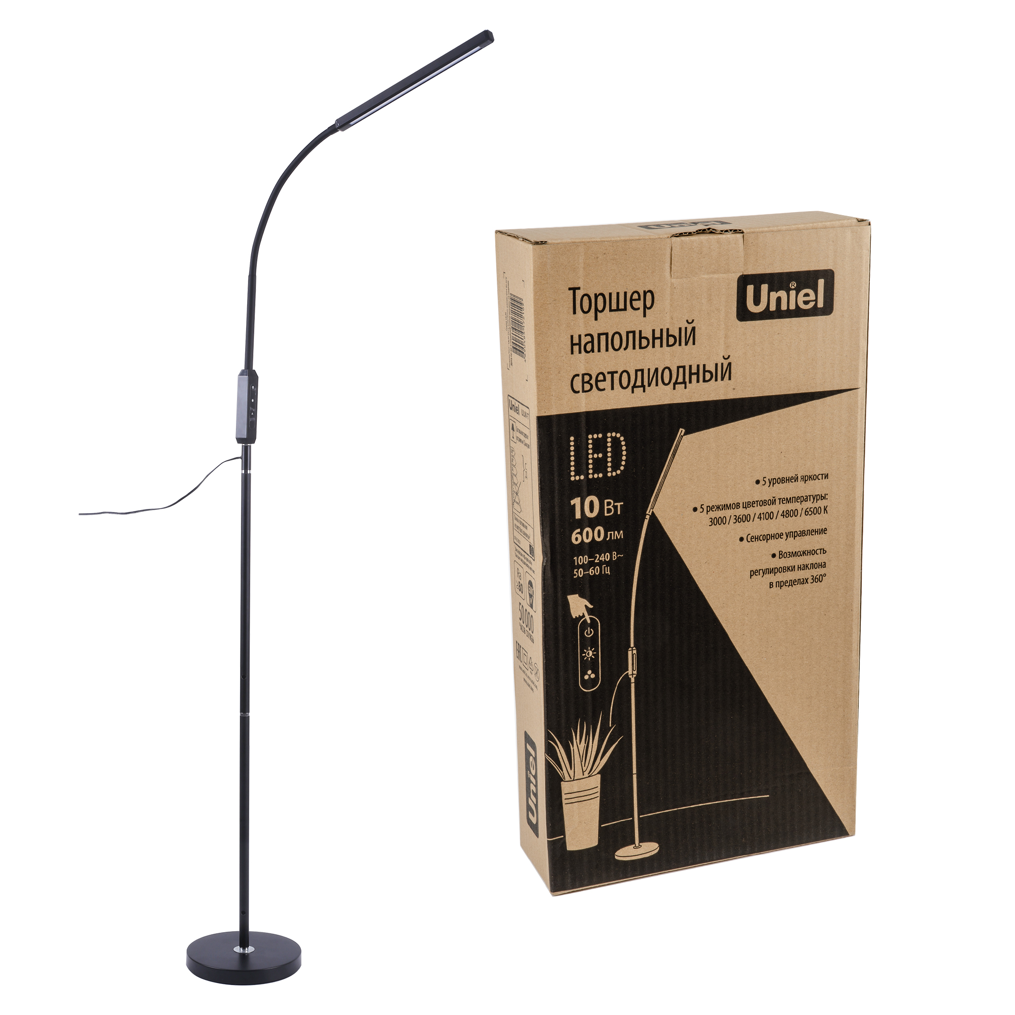 Торшер напольный светодиодный ULM-T619 10W-3000-6500K-DIM BLACK 10W.с рег.накл.Сенсор.Диммер.Черный