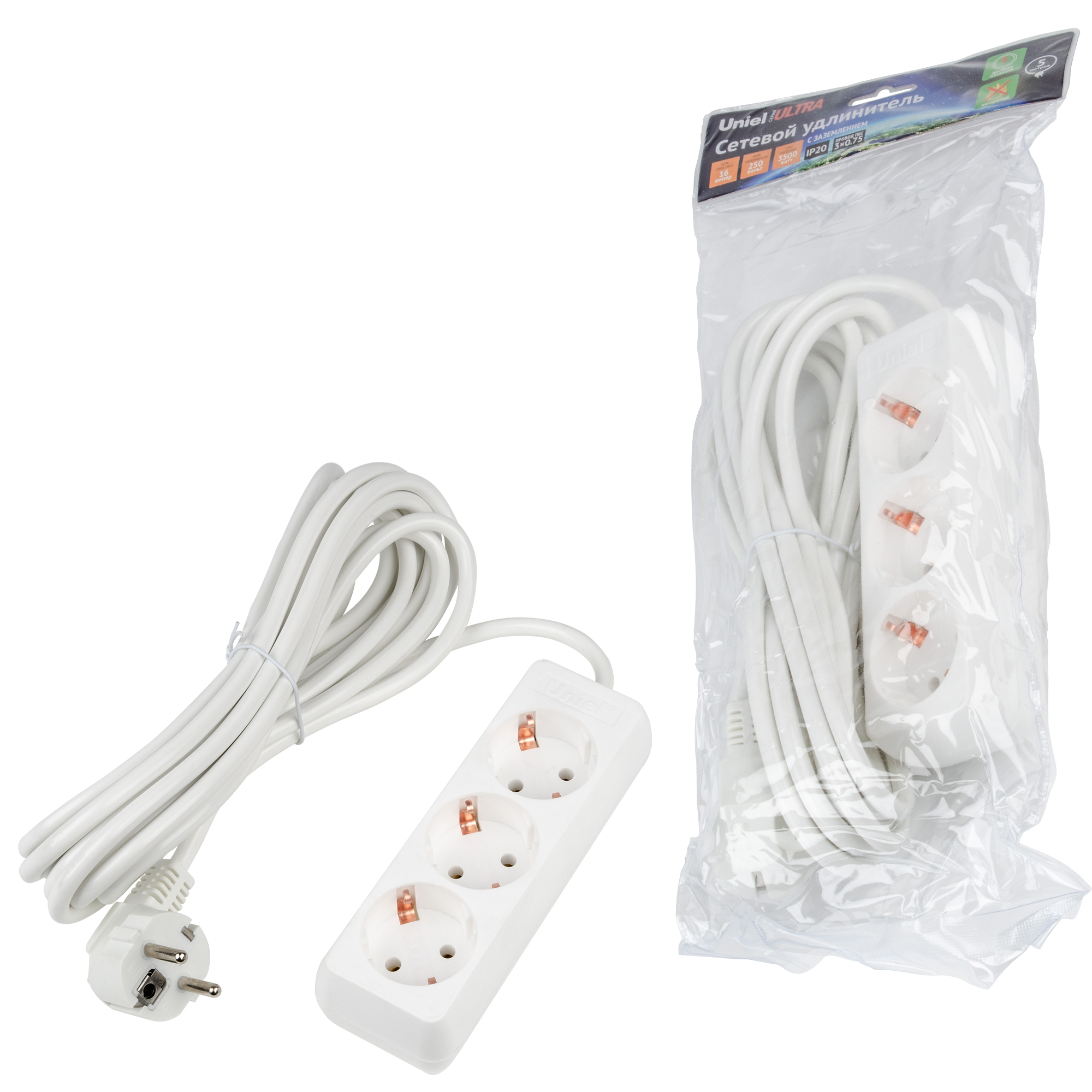 Удлинитель UNIEL S-GCU3-5 WHITE шнур 5м., 3 гнезда, 16A, с/з. Белый. серии Ultra