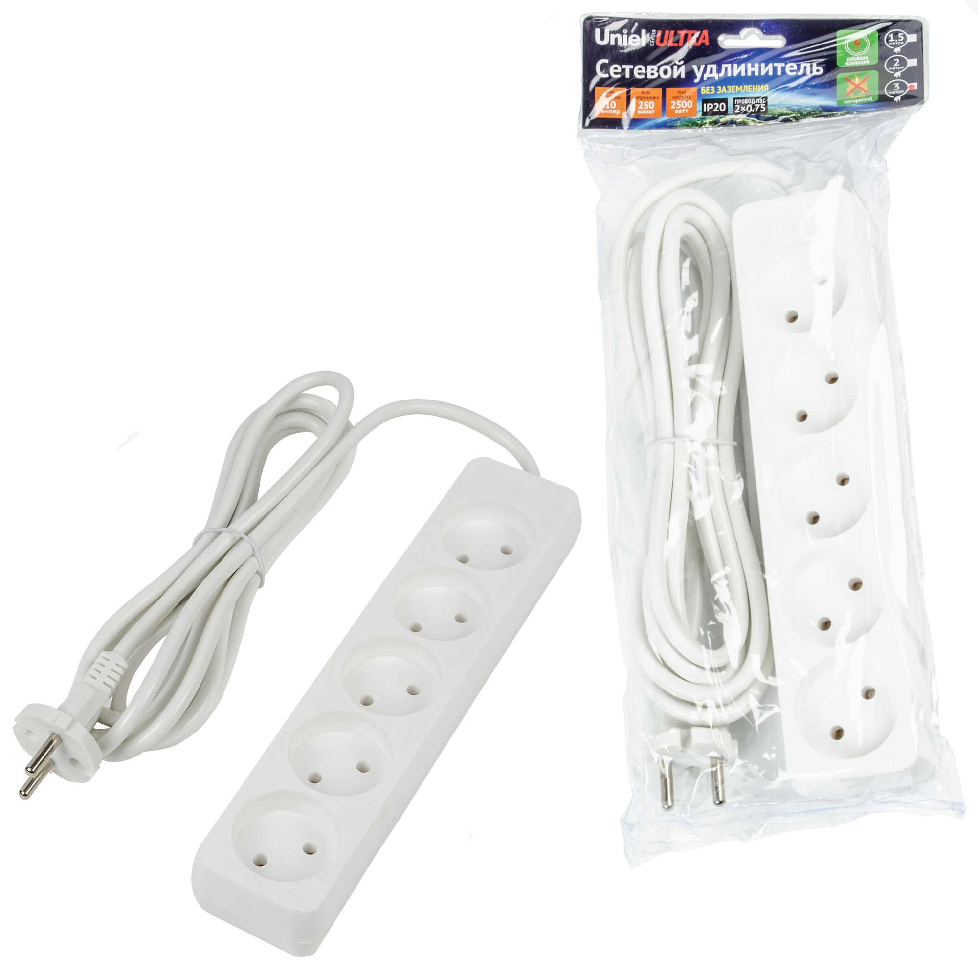 Удлинитель UNIEL S-CU5-3 WHITE шнур 3м., 5 гнезд, 10A, б/з. Белый. серии Ultra