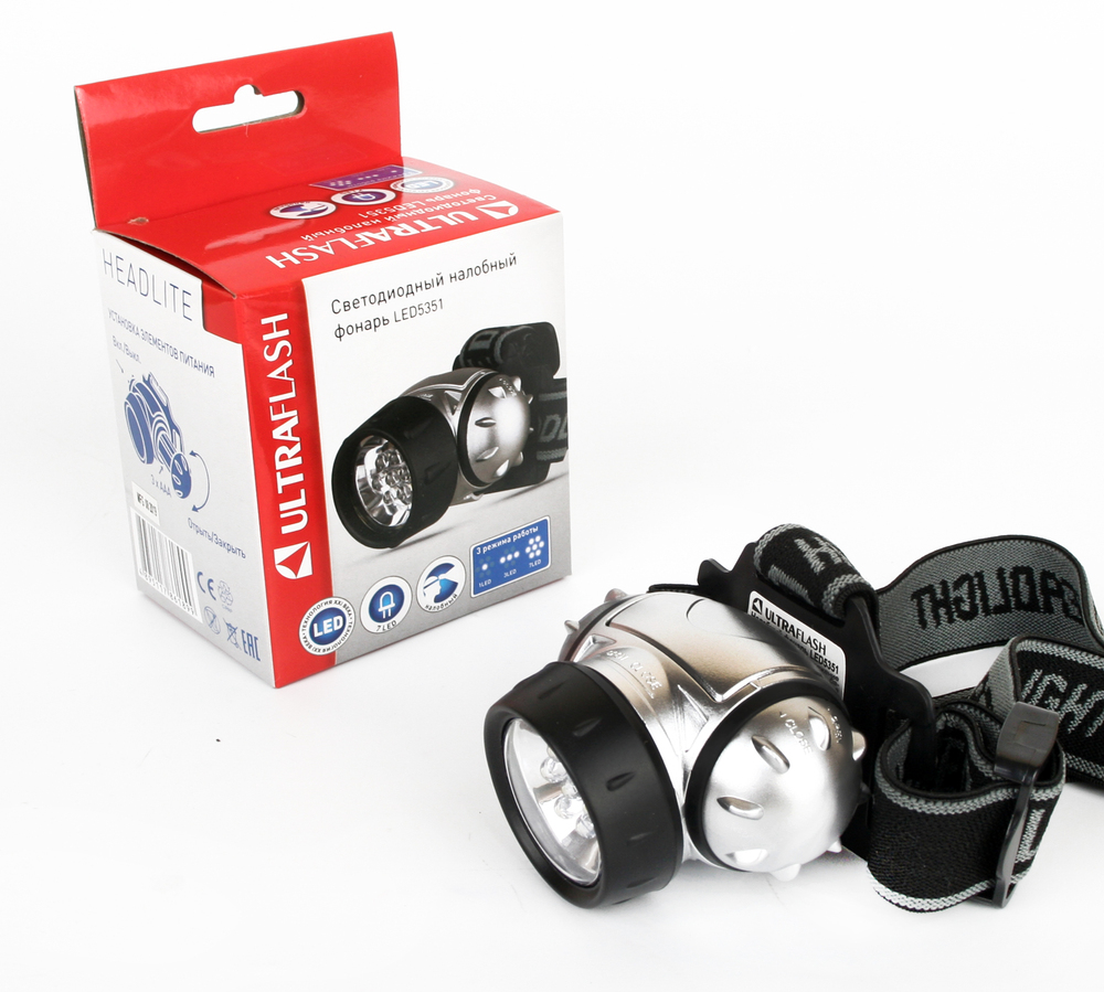 Фонарь ULTRAFLASH LED5351 налобный, металлик, 7LED, 3 реж, 3XR03, пласт, коробка