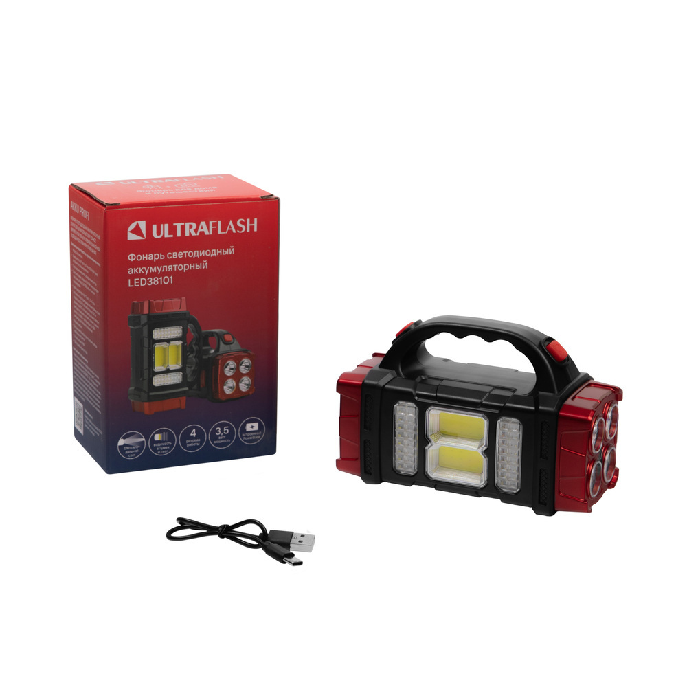Фонарь ULTRAFLASH LED38101 акк. черн./малин., 40LED+2COB, 4 реж., Type-C, PowerBank, пласт., кор.