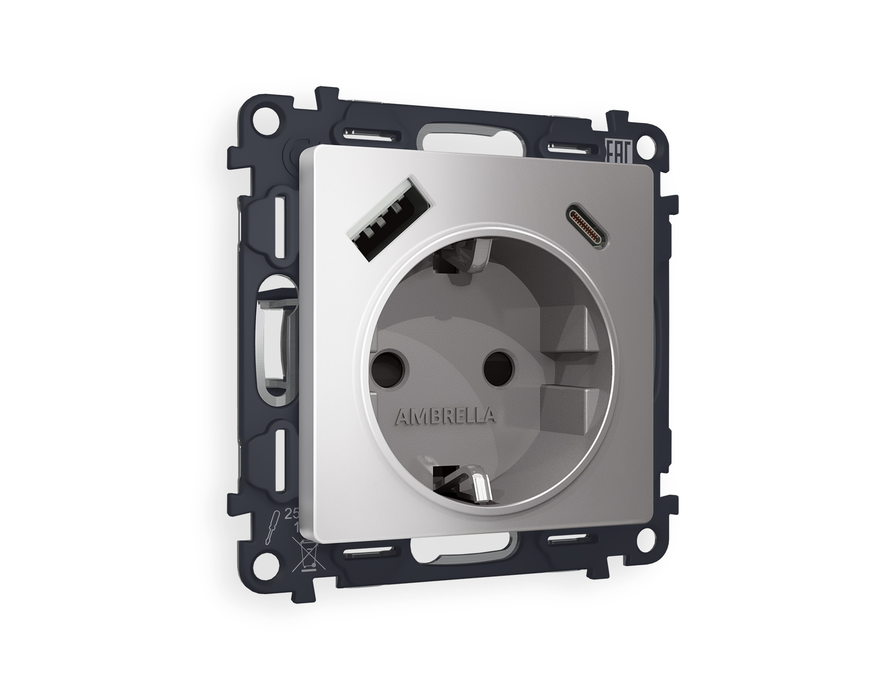 MA510010 Комплект механизма электр розетки ALFA Сталь матовый 2USB A+C 20W с/з QUANT (AP5100, VM160)