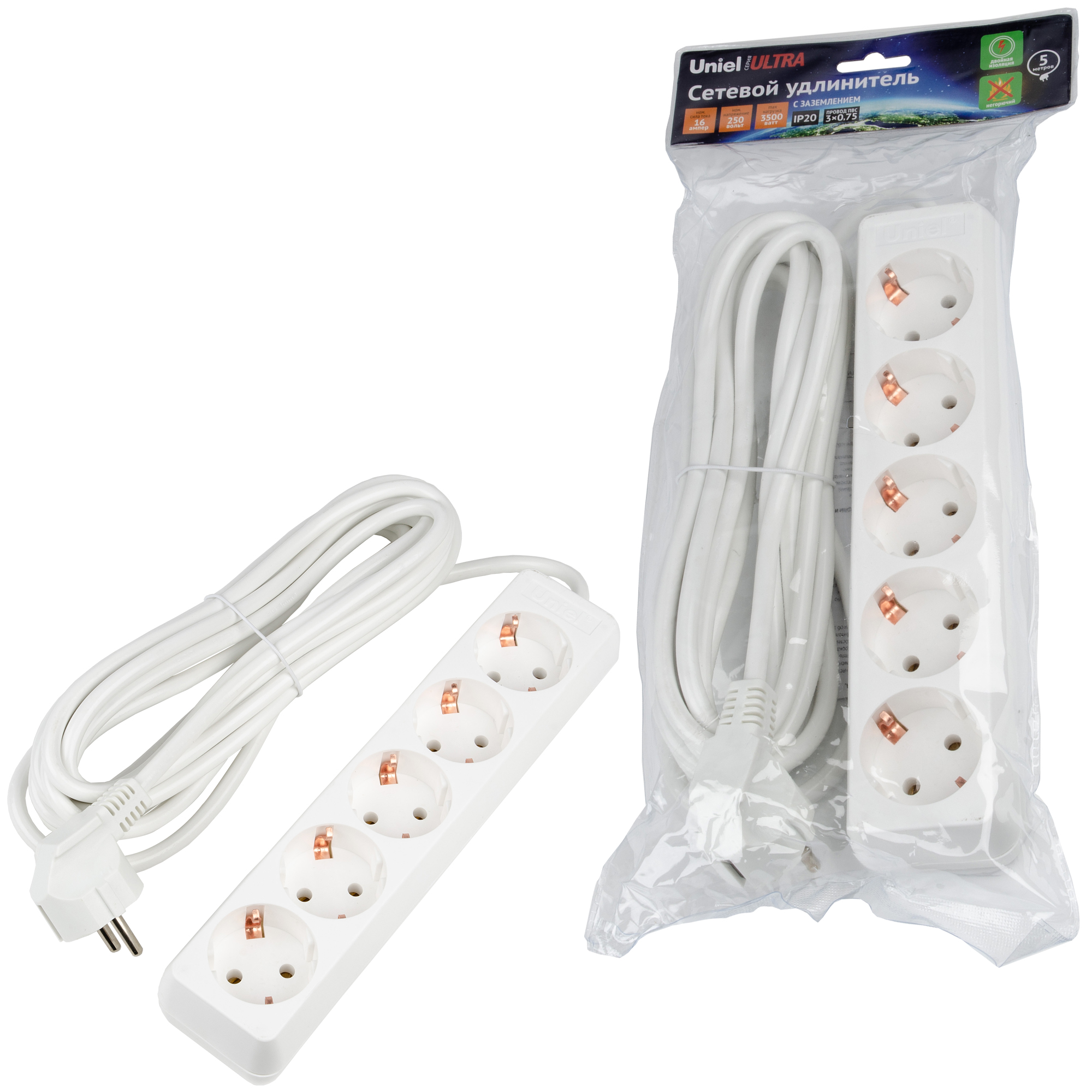 Удлинитель UNIEL S-GCU5-5 WHITE шнур 5м., 5 гнезд, 16A, с/з. Белый. серии Ultra