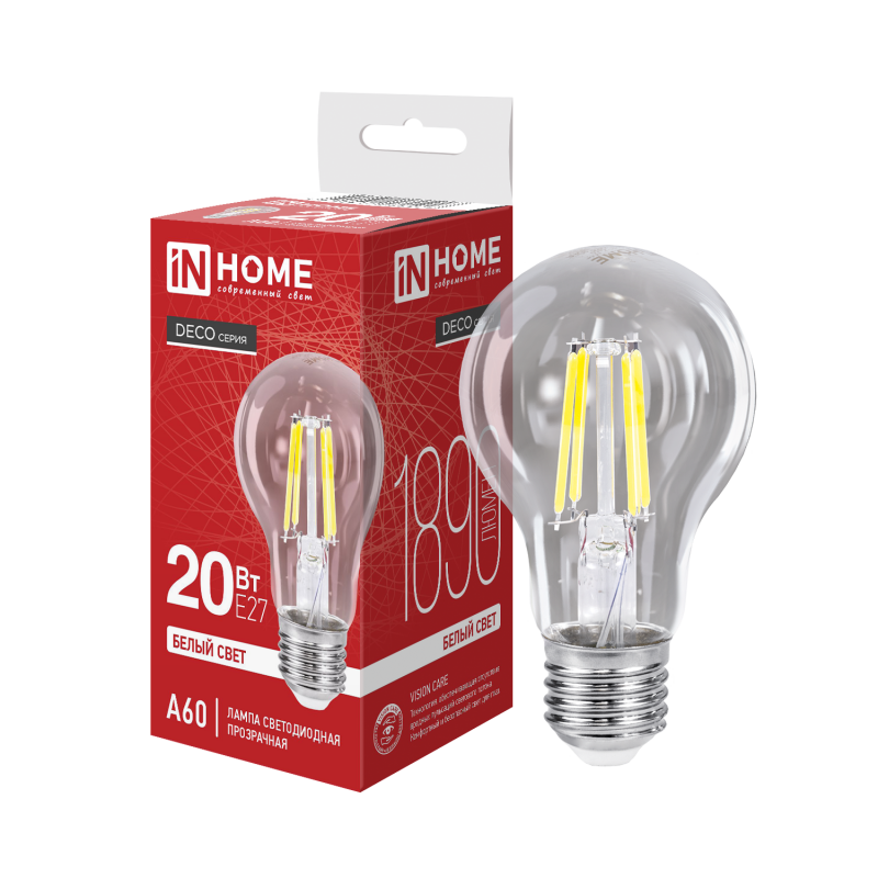 Лампа светодиодная IN HOME LED-A60-deco 20Вт 230В Е27 4000К 1890Лм прозрачная 