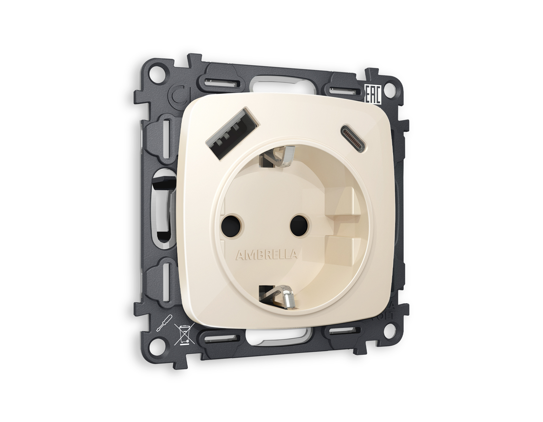 MO310010 Комплект механизма электр розетки OMEGA Бежевый глянец 2USB A+C 20W с/з QUANT(OP3100,VM160)