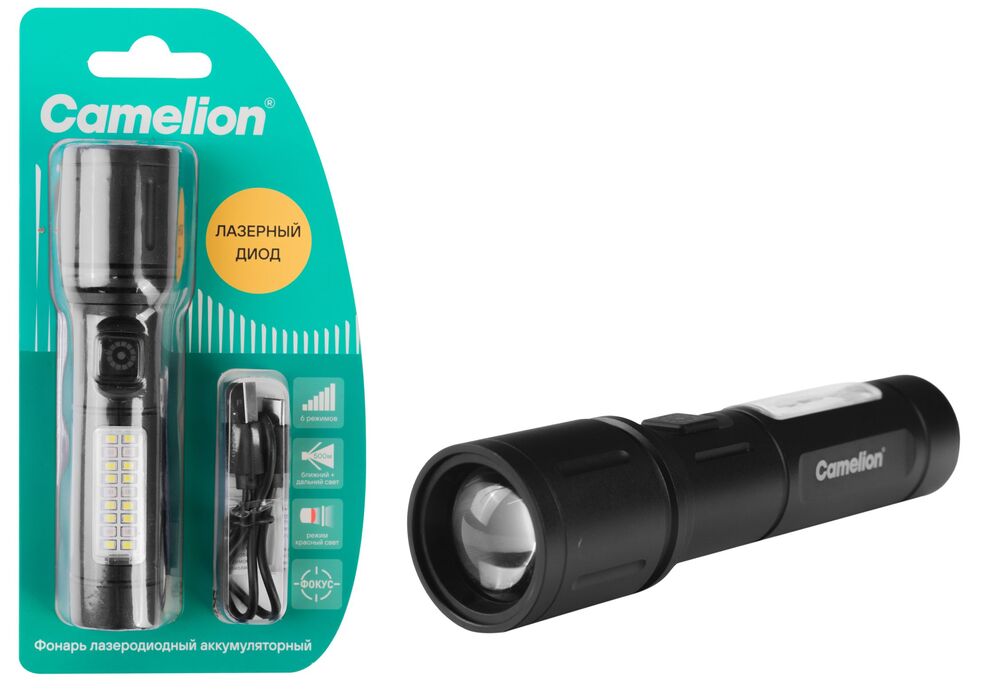 Фонарь CAMELION LED29365 (аккум. 3,7В, черн., LD+12SMD+6RED, 6 реж.,Type - C, блист.)