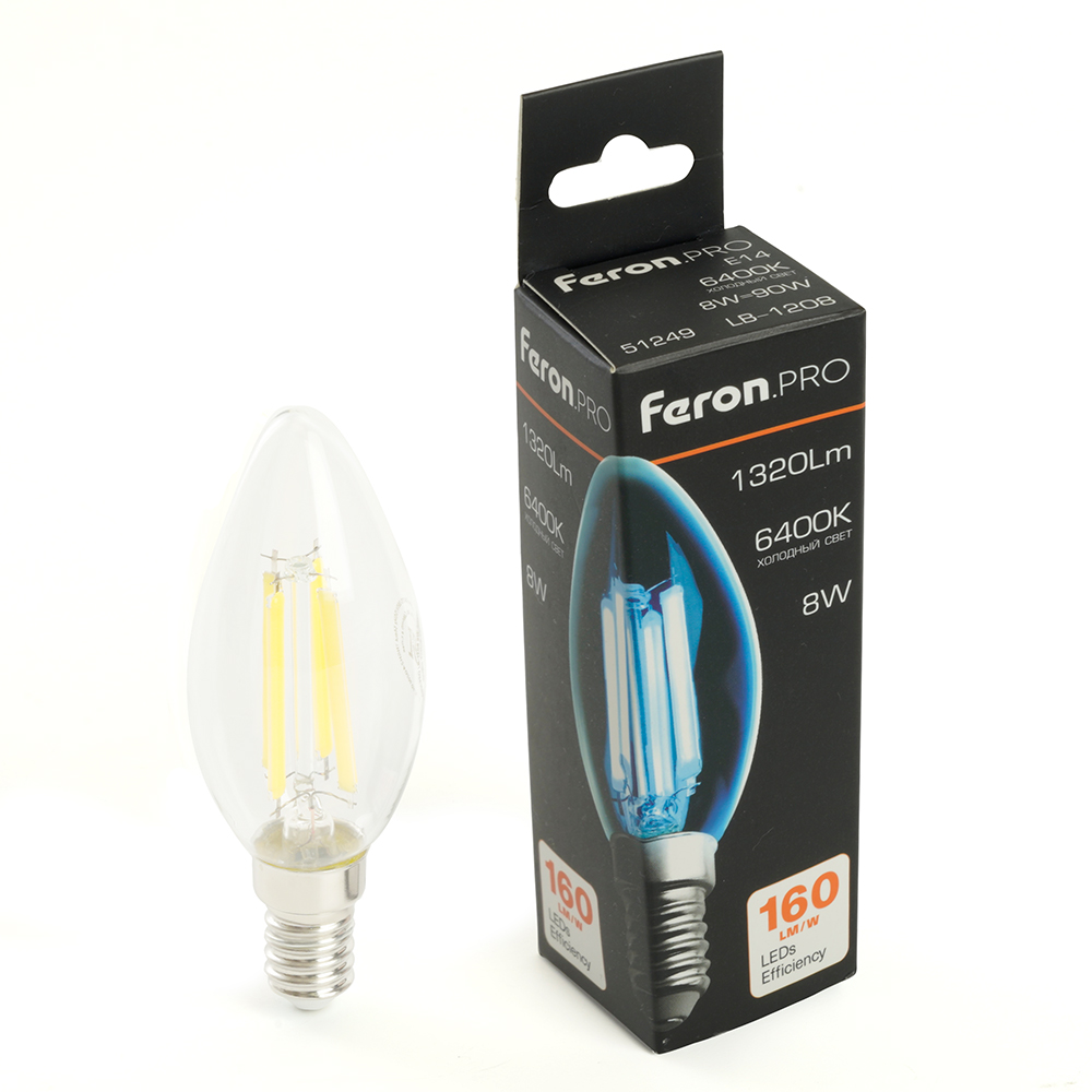 Лампа светодиодная FERON PRO LB-1208 1320LM 8W 175-265V E14 6400K C35 прозрачная 