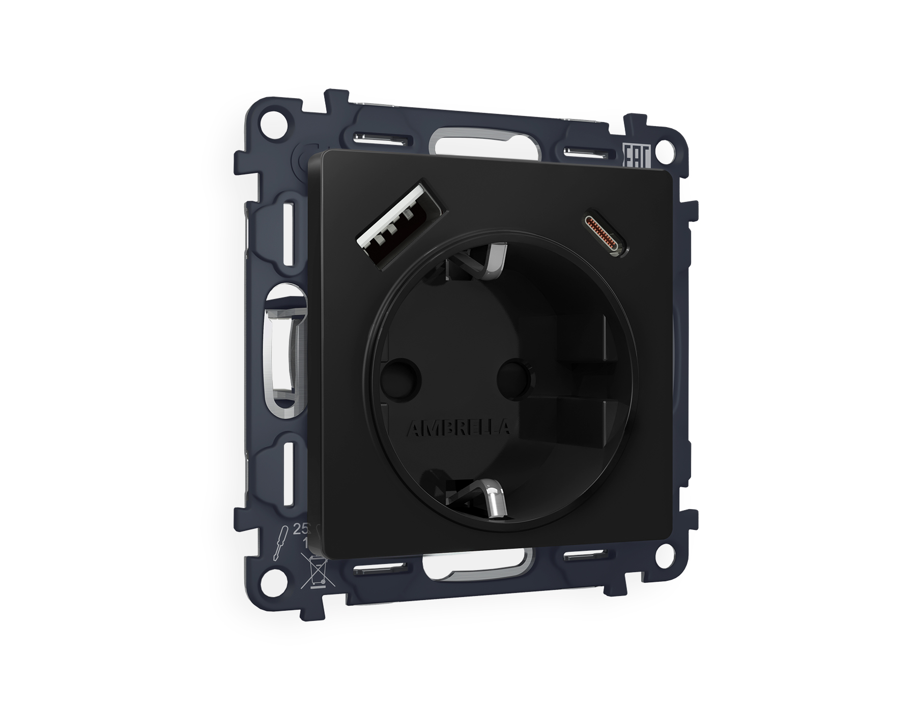 MA810010 Комплект механизма электр розетки ALFA Черный матовый 2USB A+C 20W с/з QUANT (AP8100,VM160)