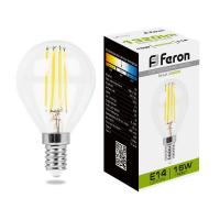 Лампа светодиодная FERON LB-515 (15W) 230V E14 4000K филамент G45 прозрачная