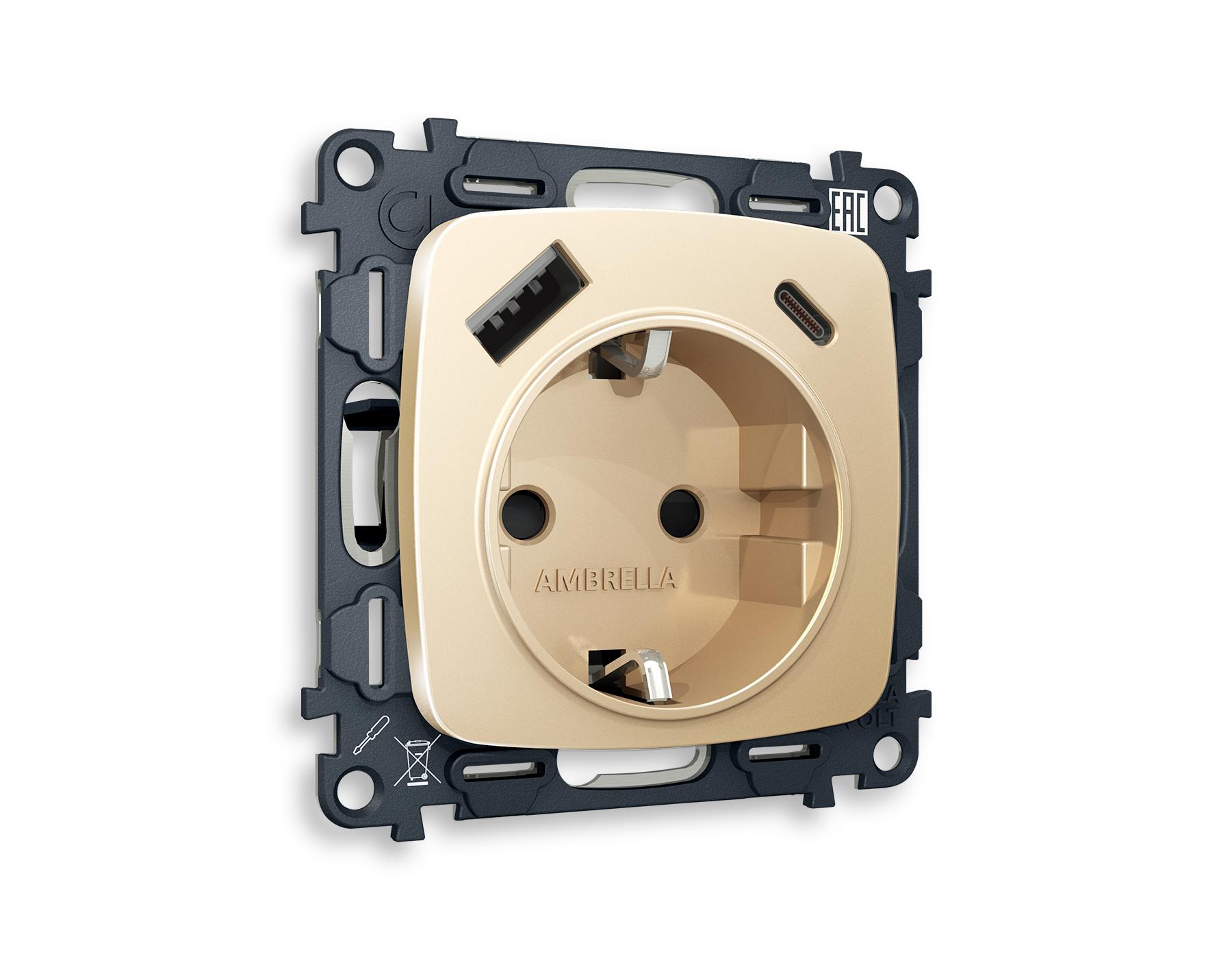 MO610010 Комплект механизма электр розетки OMEGA Шампань 2USB A+C 20W с/з QUANT (OP6100, VM160)