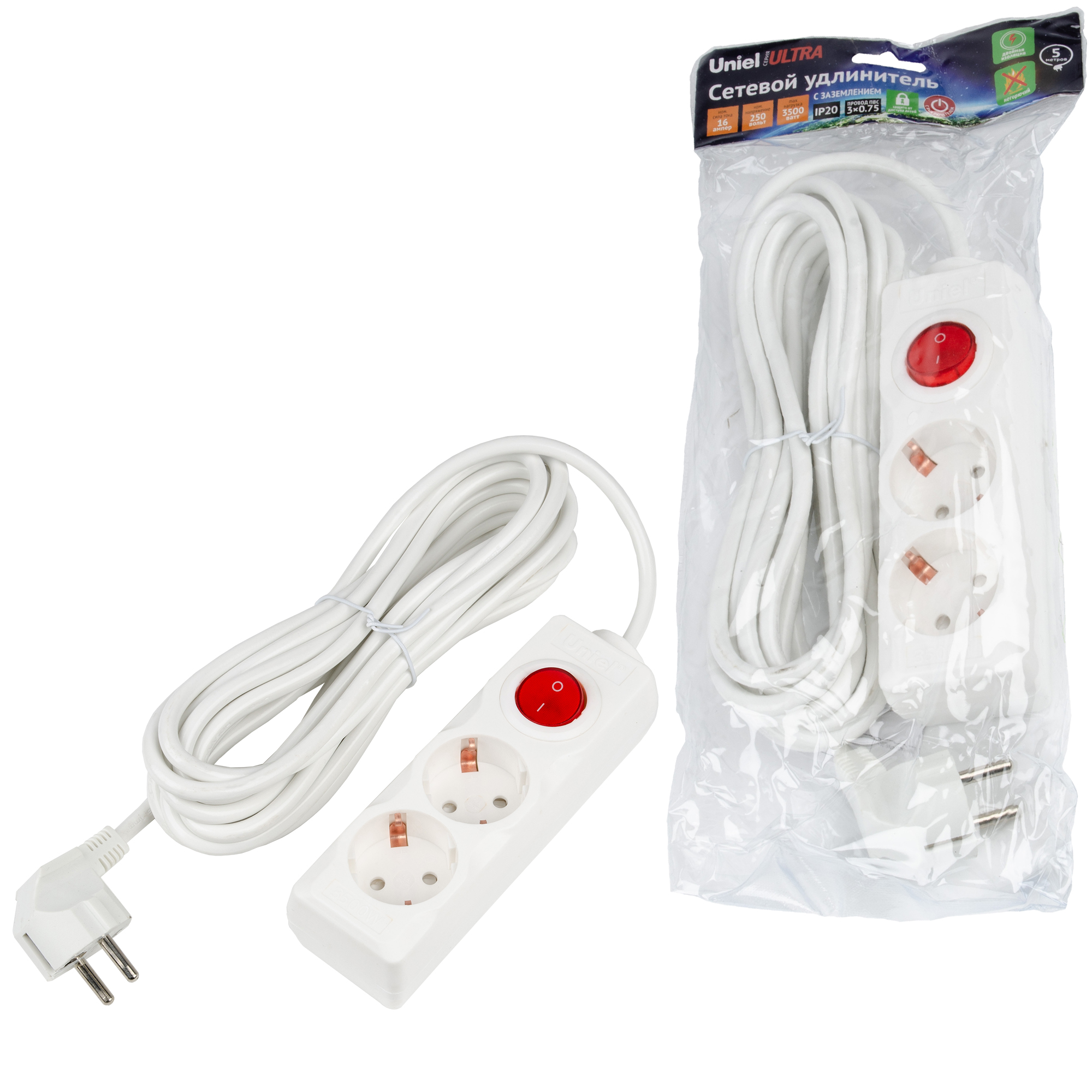 Удлинитель UNIEL S-GCU2-5B WHITE шнур 5м., 2 гнезда, 16A, с/з. Белый. серии Ultra