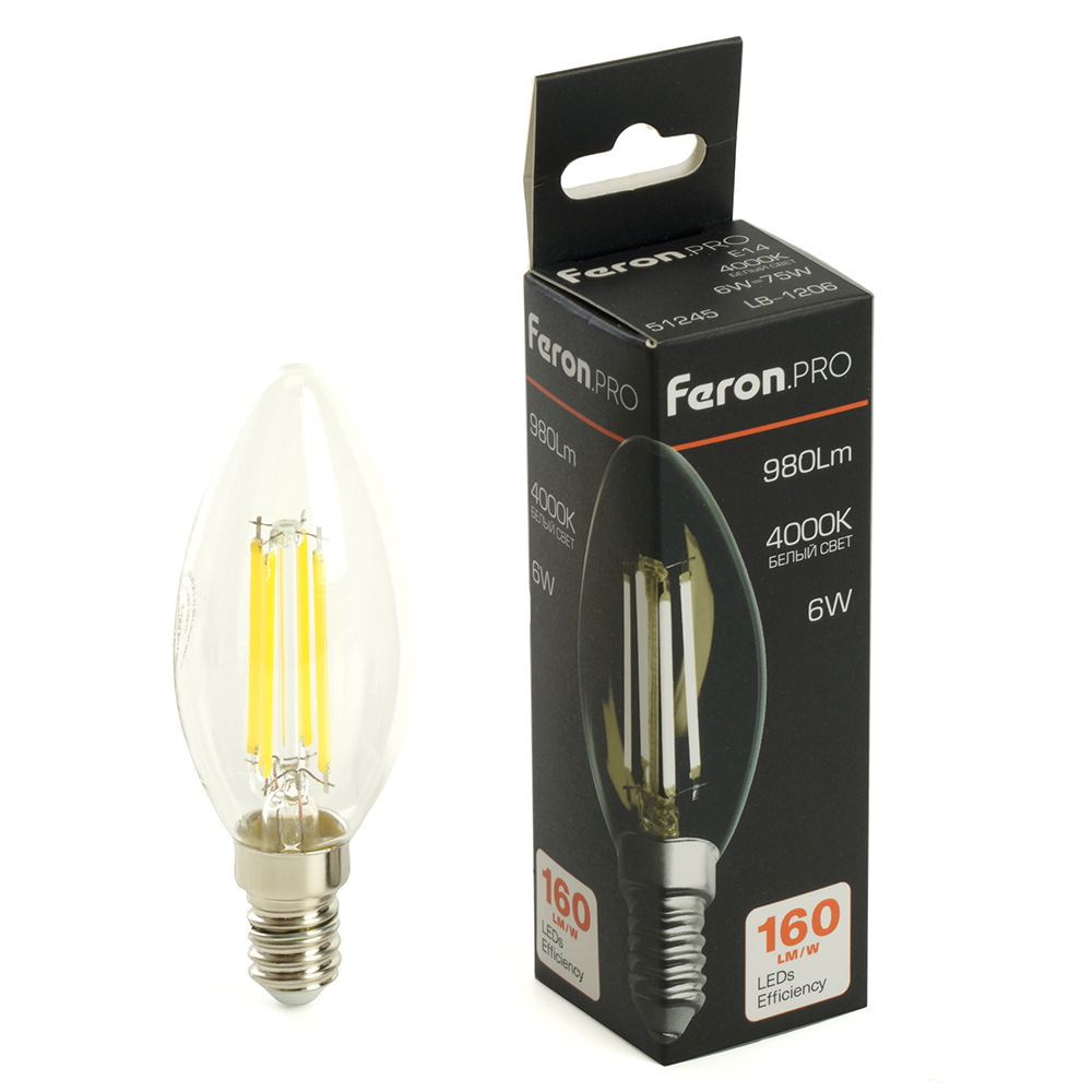 Лампа светодиодная FERON PRO LB-1206 (6W) 230V E14 4000K C35 прозрачная