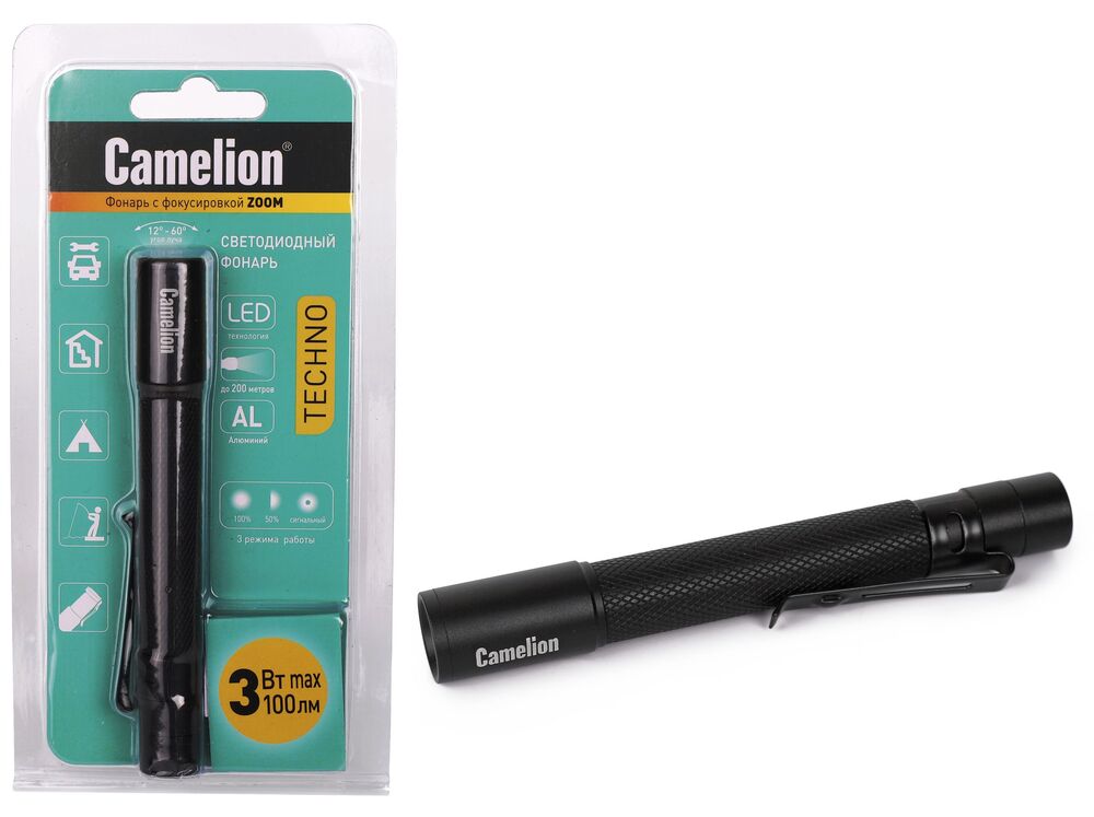 Фонарь CAMELION LED51533 черный LED XPE ZOOM 3 реж 2XLR03 алюм. откр. блистер