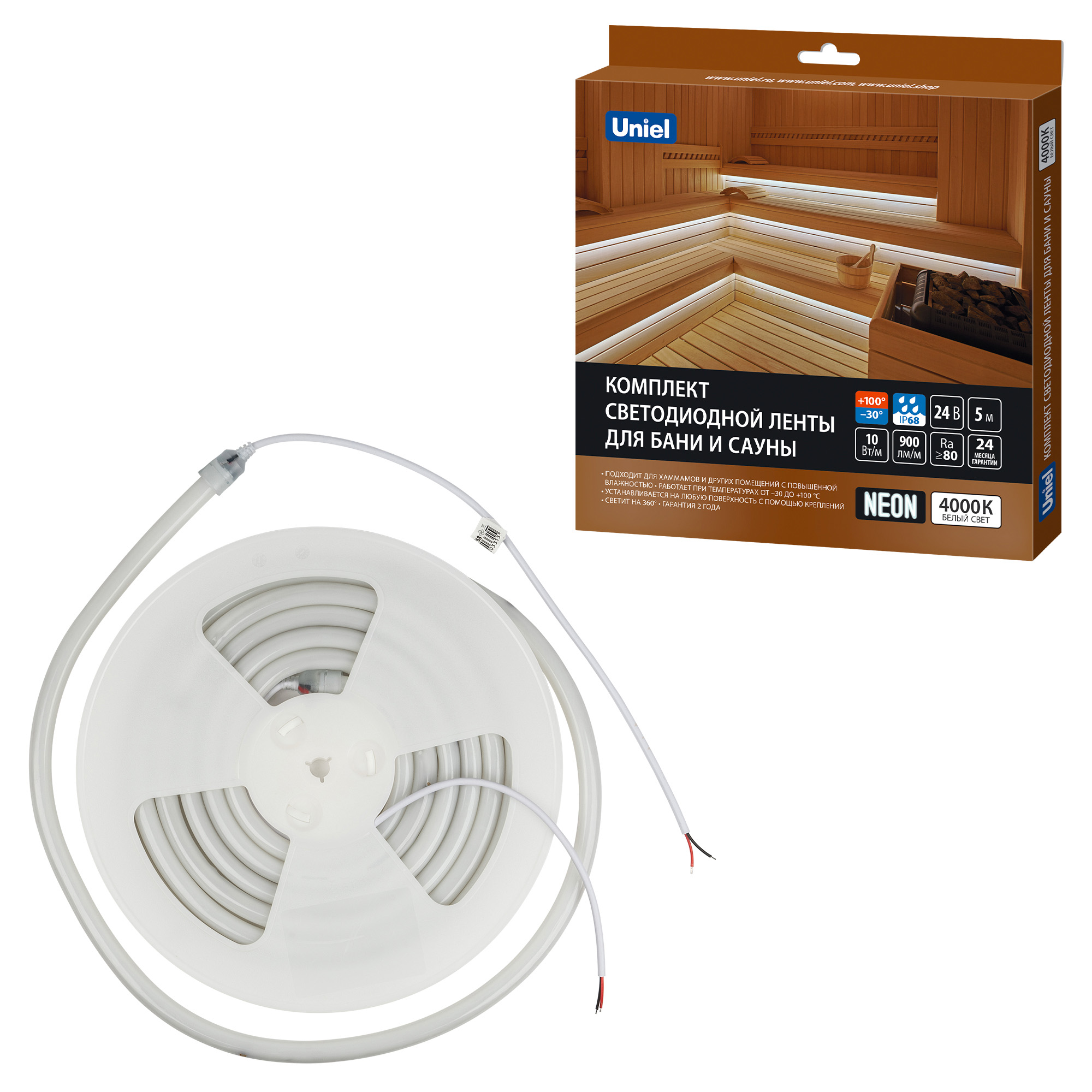 Комплект светод. ленты для бань и саун ULS-N40-2835-120LED/m-16mm-IP68-DC24V-10W/m-5M-4000K NEON