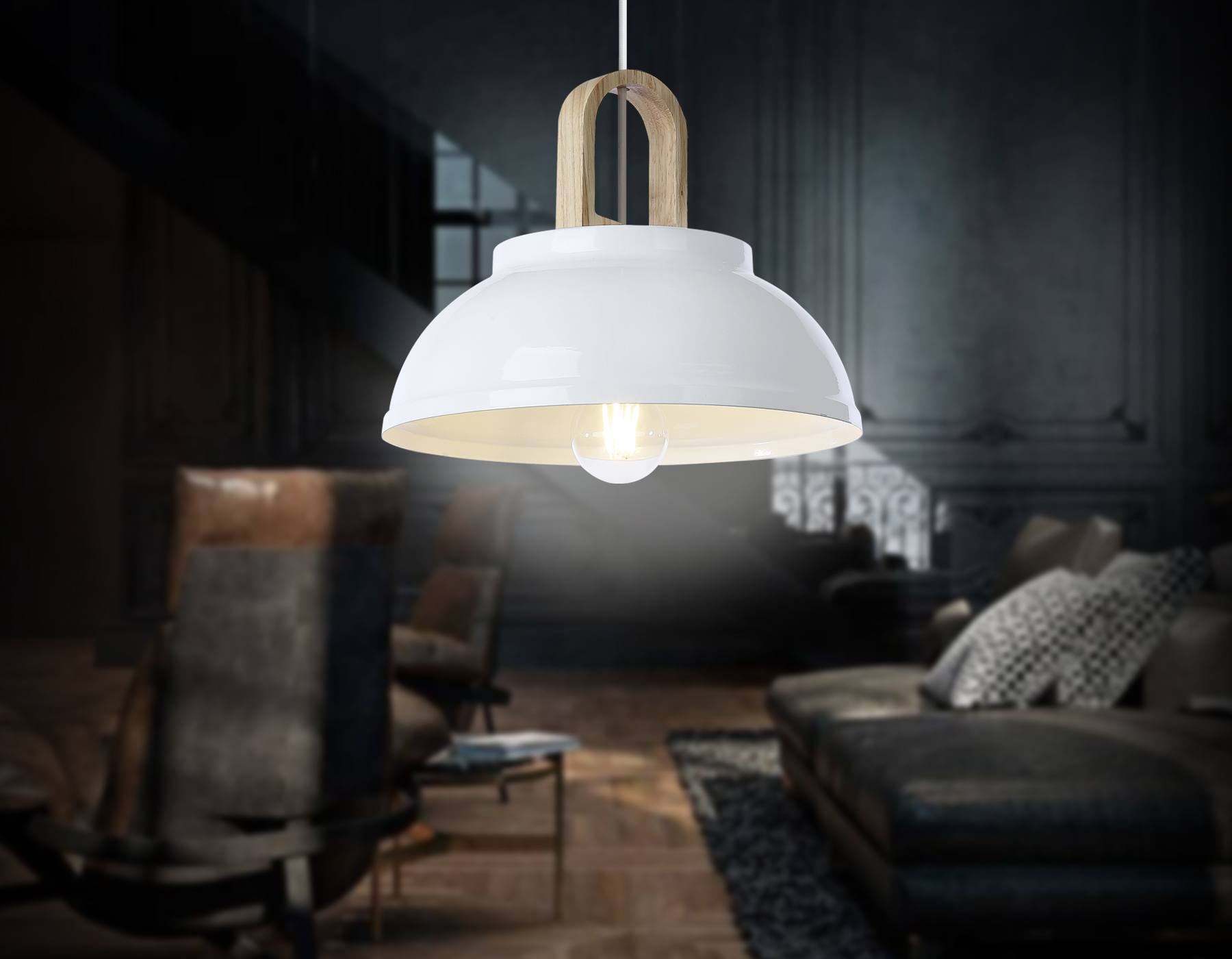 Светильник подвесной в стиле лофт Ambrella TR8190 WH/LW белый/светлое дерево E27 max 40W D290*900