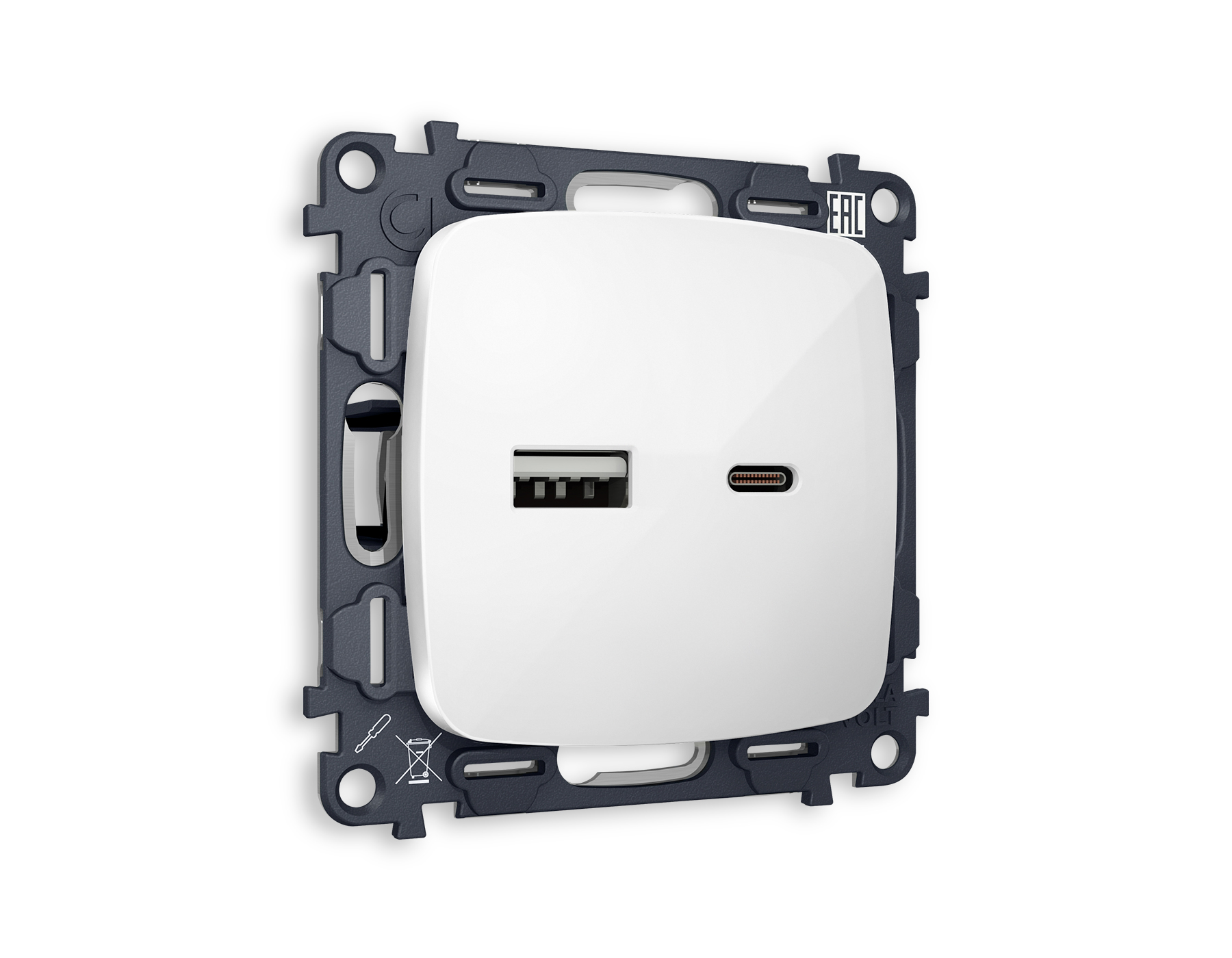 MO111010 Комплект механизма розетки OMEGA Белый глянец 2USB A+C 20W быстр/заряд QUANT (OP1110,VM177)