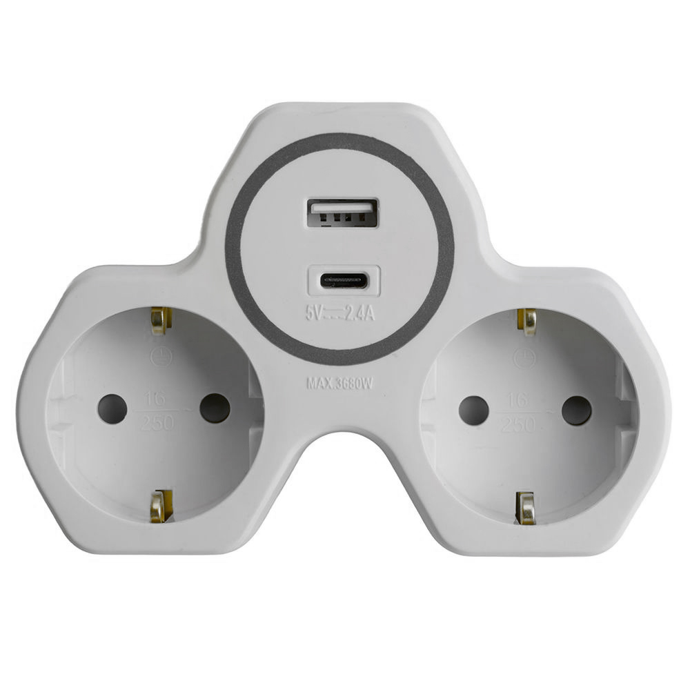 Сетевой разветвитель ADP16-15-20 2-местный и с 2-мя выходами USB +Type C , с/з, белый/серый