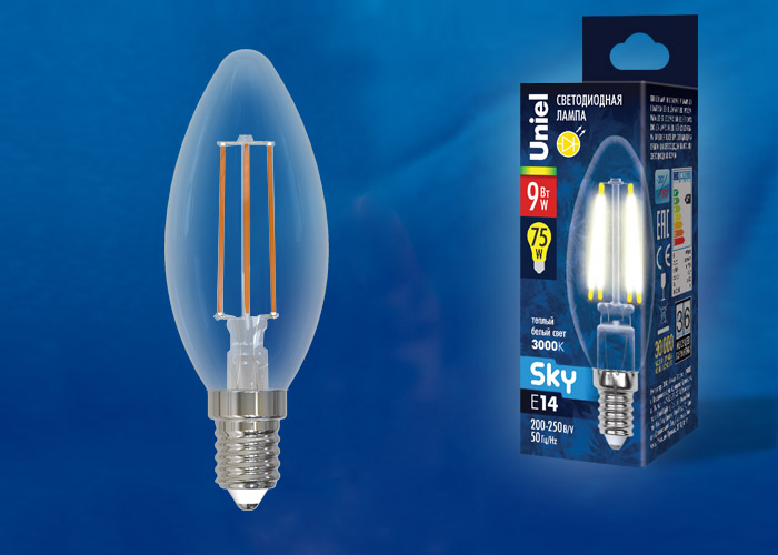 Лампа светодиодная UNIEL LED-C35-9W/3000K/E14/CL PLS02WH картон