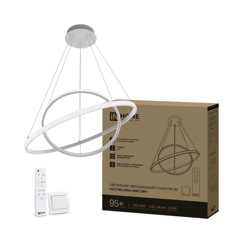Светильник светодиодный ESTETIKA RING-95RC-2WH 95Вт 230В 3000-6500K 600/400 1.2м трос пульт ДУ белый