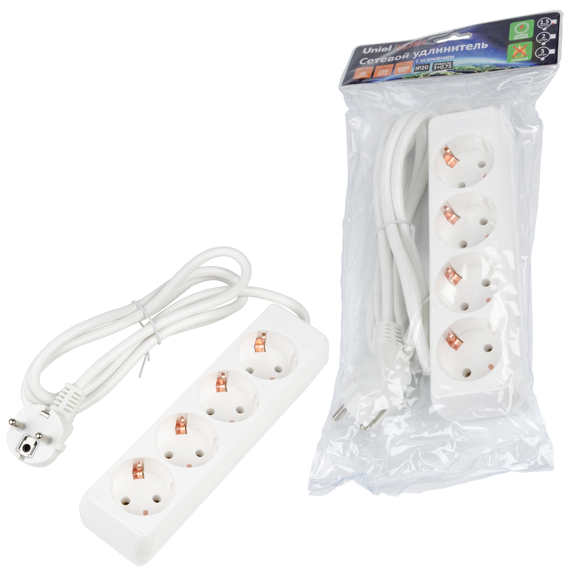 Удлинитель UNIEL S-GCU4-1,5 WHITE шнур 1,5м., 4 гнезда, 16A, с/з. Белый. серии Ultra