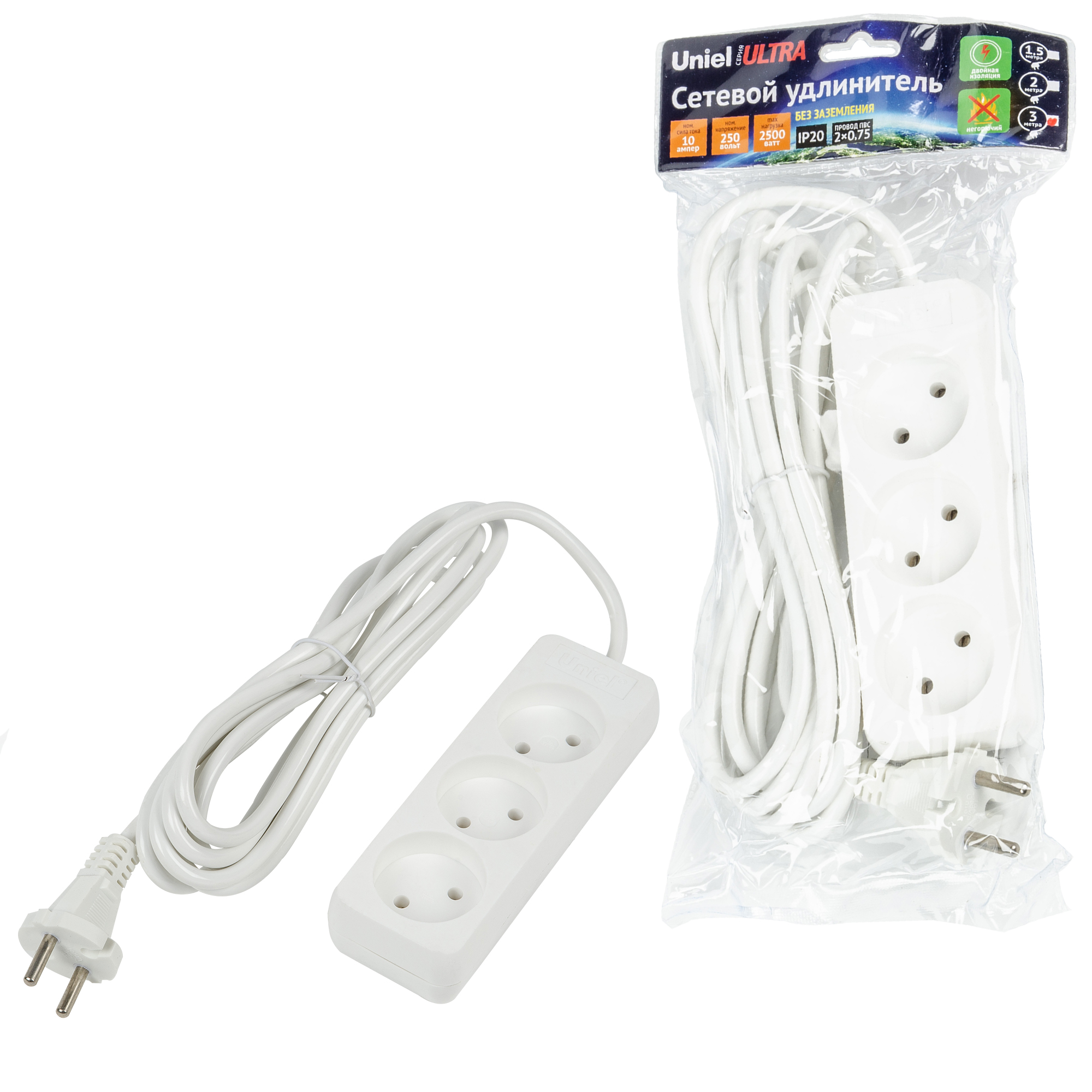 Удлинитель UNIEL S-CU3-3 WHITE шнур 3м., 3 гнезда, 10A, б/з. Белый. серии Ultra