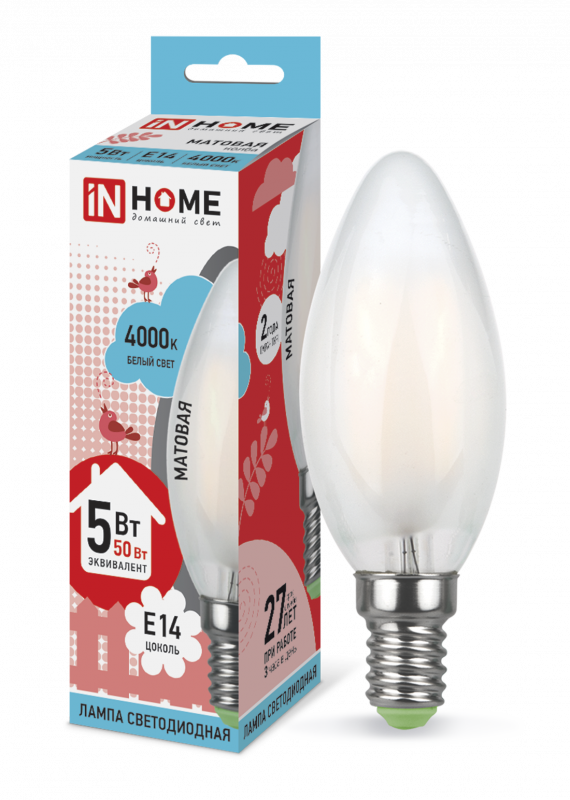 Лампа светодиодная IN HOME LED-СВЕЧА-deco 5Вт 230В Е14 4000К 450Лм матовая
