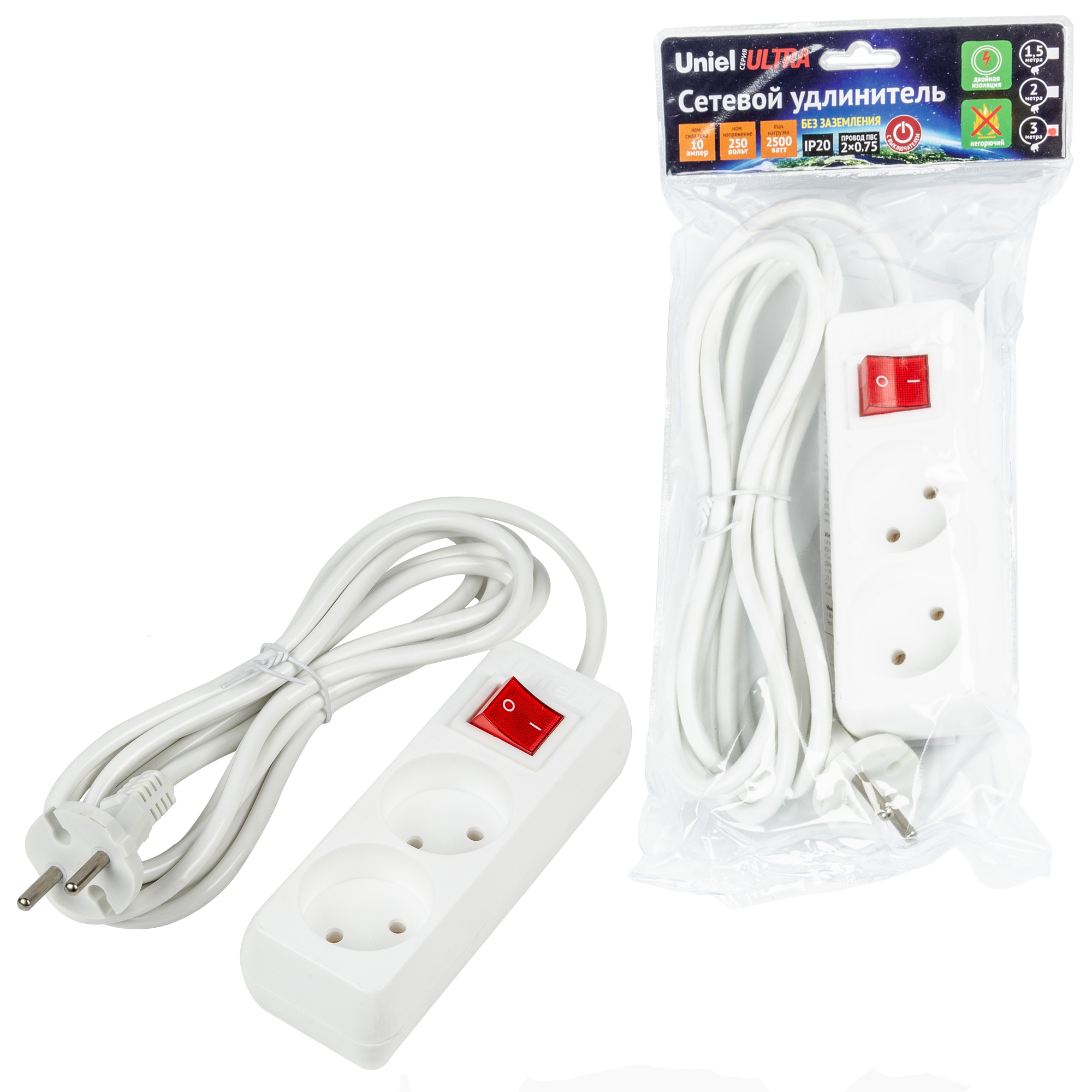 Удлинитель UNIEL S-CU2-3B WHITE шнур 3м., 2 гнезда, 10A, б/з, с выкл. Белый. серии Ultra