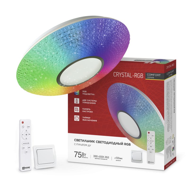 Светильник сд COMFORT CRYSTAL-RGB 75Вт 230В 3000-6500K 6000Лм 500x115мм с пультом ДУ IN HOME