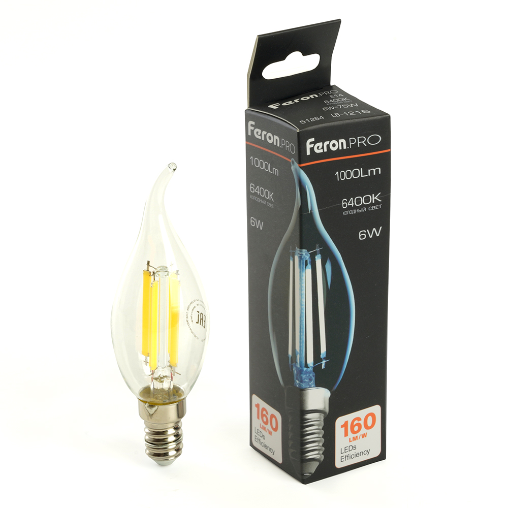 Лампа светодиодная FERON PRO LB-1216 1000LM 6W 175-265V E14 6400K C35T прозрачная