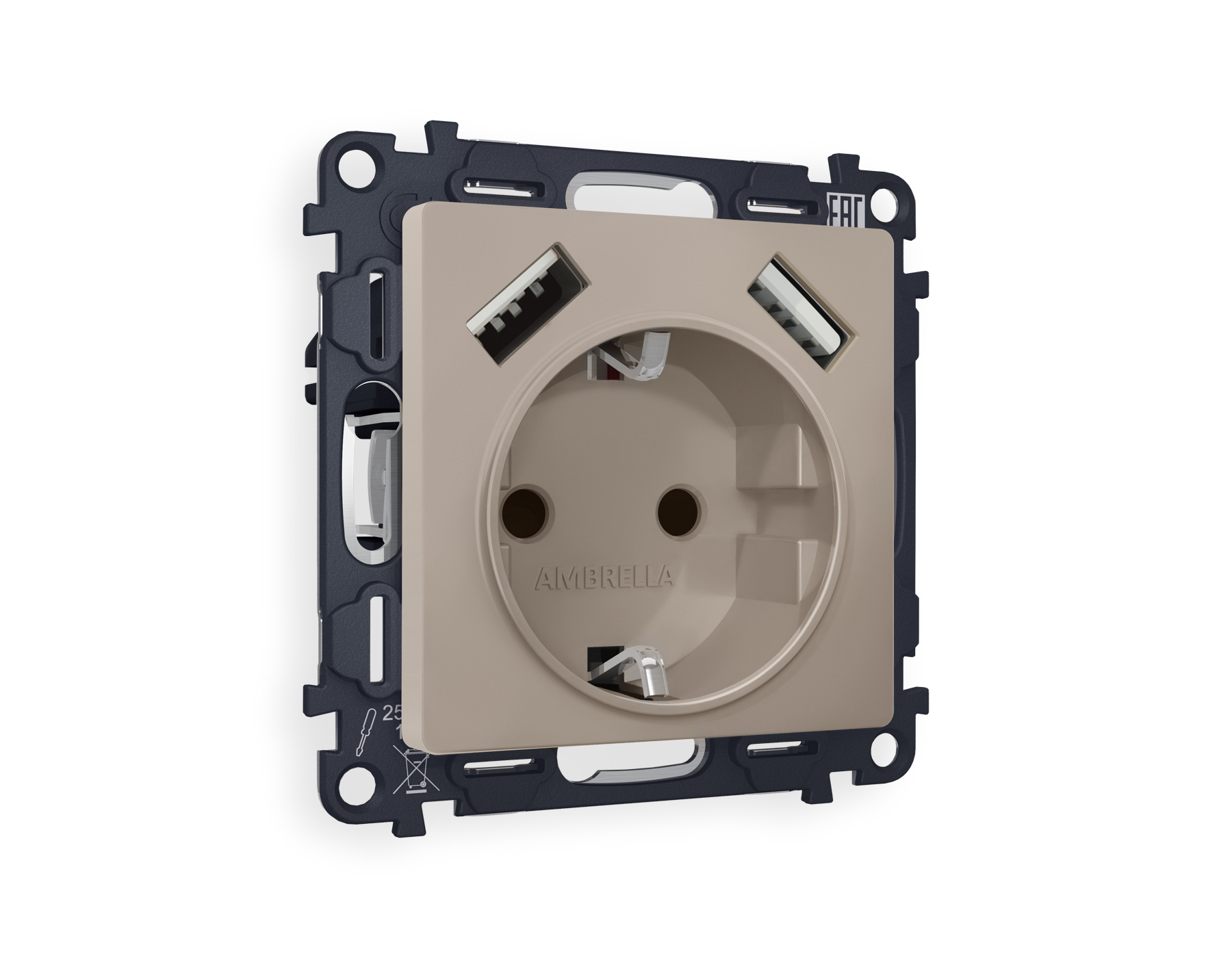 MA369010 Комплект механизма электр розетки ALFA Серо-беж матов 2USB A+A 18W с/з QUANT (AP3690,VM155)