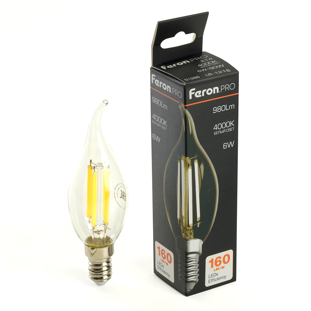 Лампа светодиодная FERON PRO LB-1216 960LM 6W 175-265V E14 4000K C35T прозрачная 