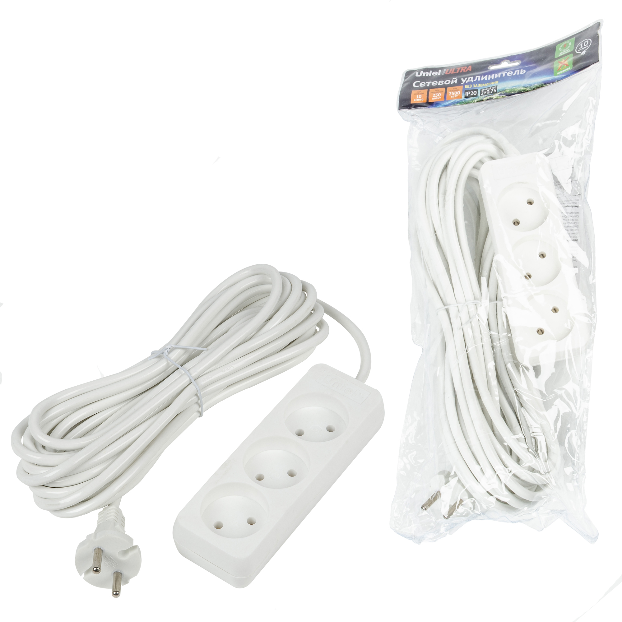 Удлинитель UNIEL S-CU3-10 WHITE шнур 10м., 3 гнезда, 10A, б/з. Белый. серии Ultra