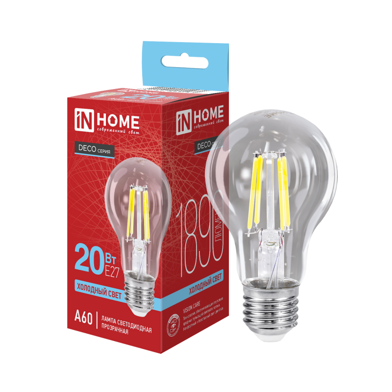 Лампа светодиодная IN HOME LED-A60-deco 20Вт 230В Е27 6500К 1890Лм прозрачная 