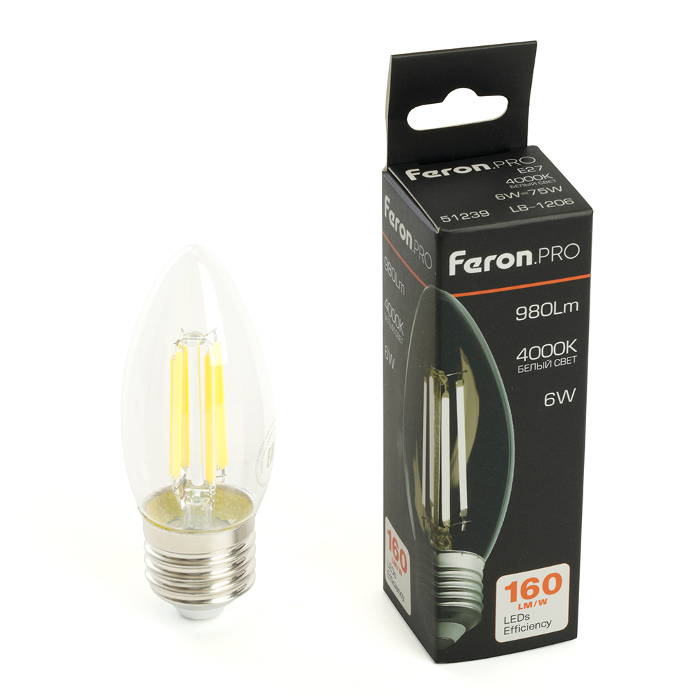 Лампа светодиодная FERON PRO LB-1206 (6W) 230V E27 4000K C35 прозрачная 