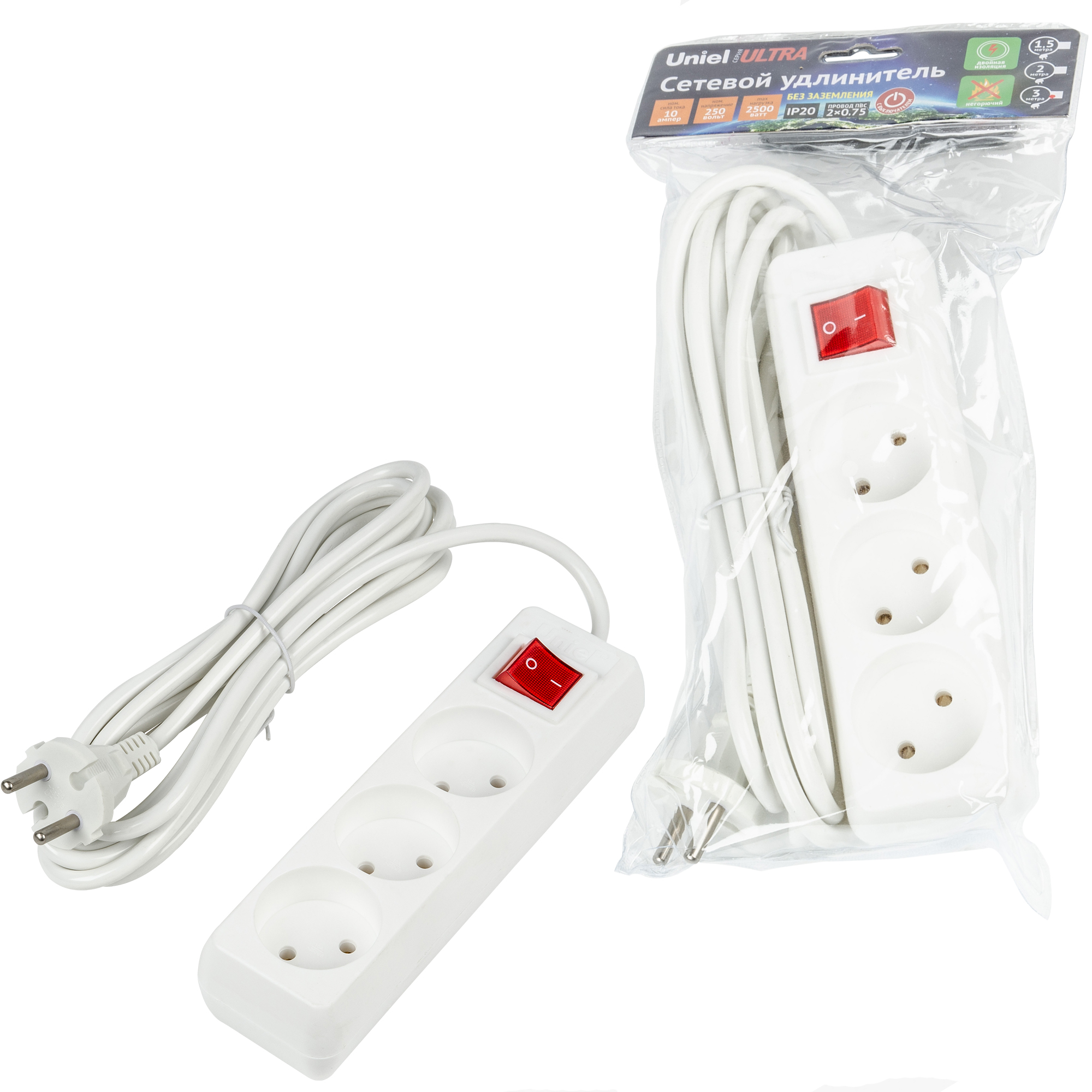 Удлинитель UNIEL S-CU3-3B WHITE шнур 3м., 3 гнезда, 10A, б/з, с выкл. Белый. серии Ultra