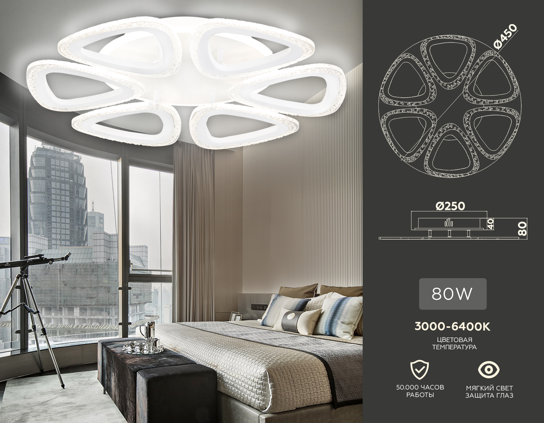 Светильник Ambrella FA4518/6 WH белый 80W 4200K/3000K+6400K/6400K+3000K D450*80 (ПДУ ИК)