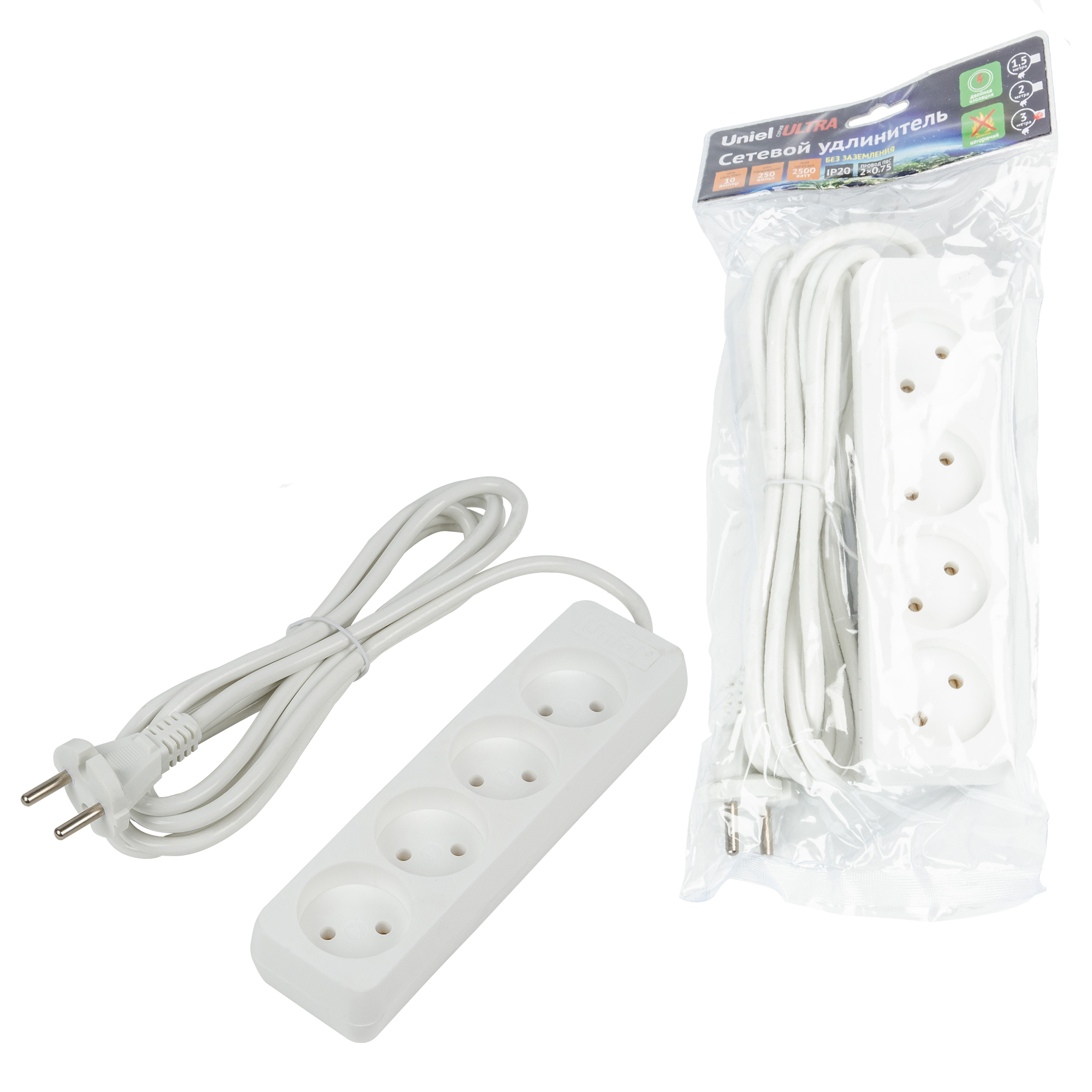 Удлинитель UNIEL S-CU4-3 WHITE шнур 3м., 4 гнезда, 10A, б/з. Белый. серии Ultra