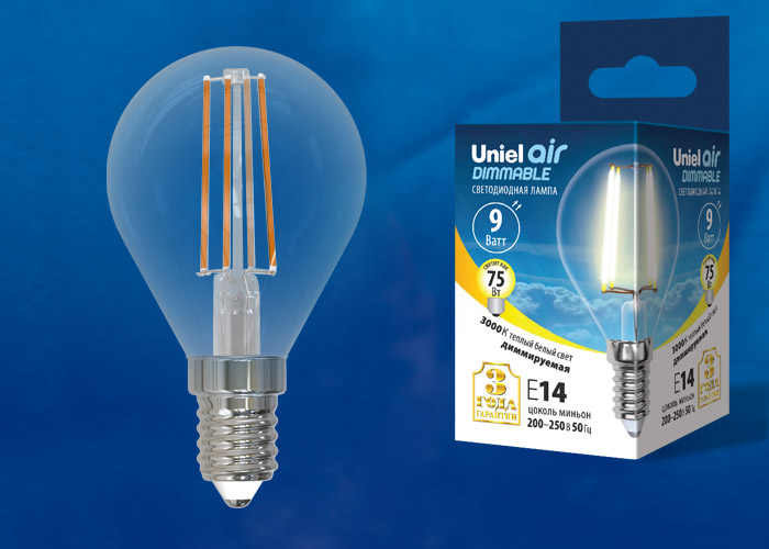 Лампа светодиодная UNIEL LED-G45-9W/3000K/E14/CL/DIM GLA01TR диммируемая. Форма "шар", прозрачная. 