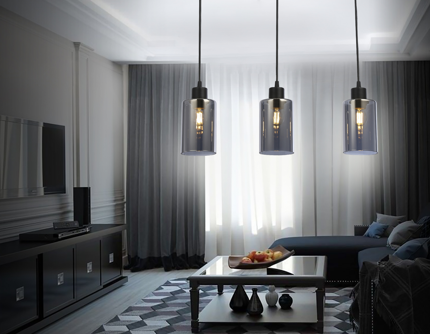 Светильник подвесной в стиле лофт Ambrella TR3698/3 BK/SM черный/дымчатый E27*3 max 40W 560*100*1040