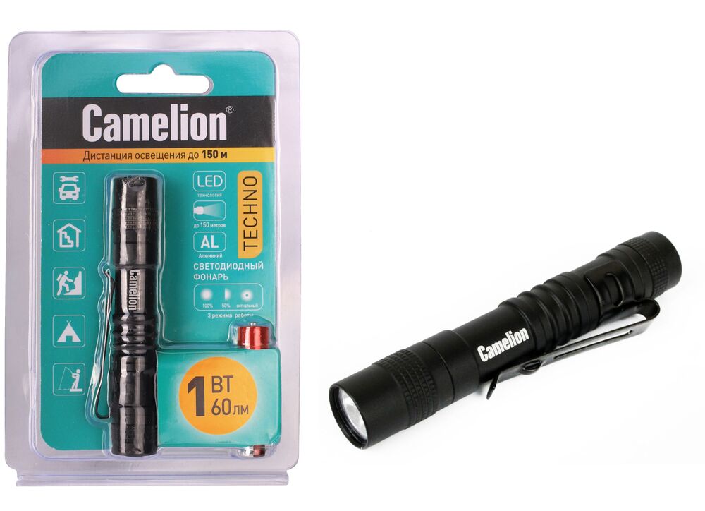 Фонарь CAMELION LED51516 черный, LED XPE, 3 реж 1XLR03 в компл., алюм., откр. блистер
