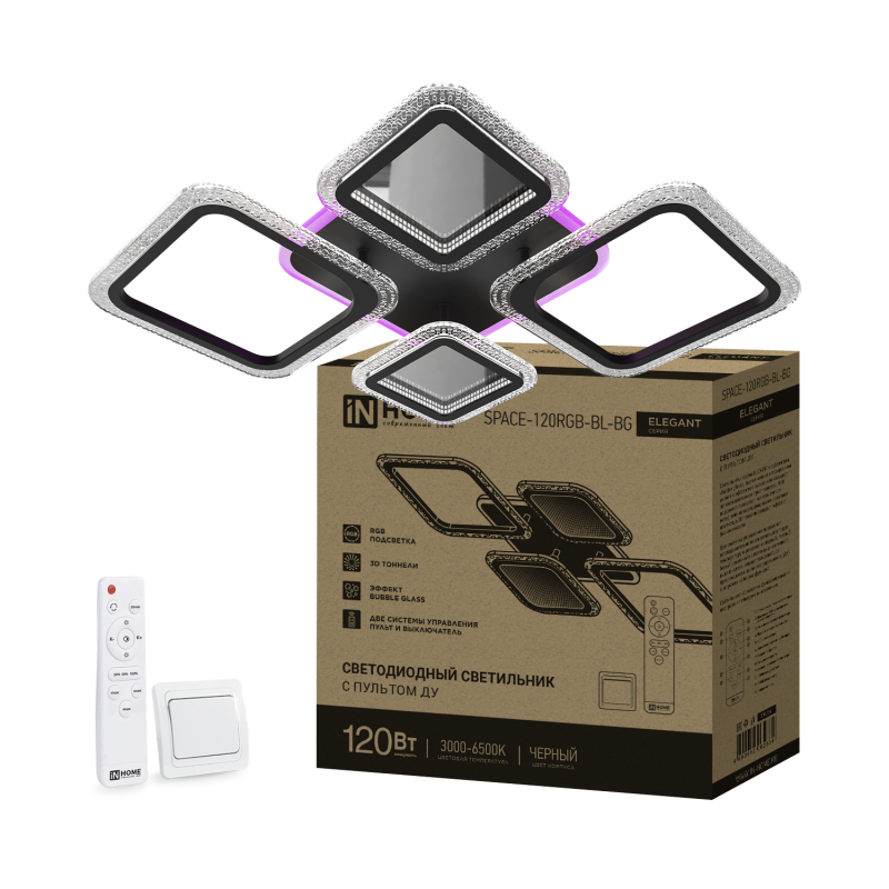 Светильник светодиодный ELEGANT SPACE-120RGB-BL-BG 120Вт 230В 3000-6500K 8400Лм 530х530х125мм пульт 