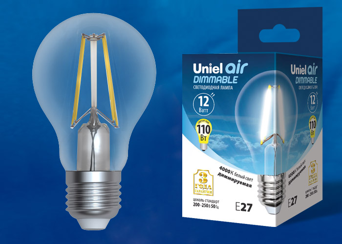 Лампа светодиодная UNIEL LED-A60-12W/4000K/E27/CL/DIM GLA01TR диммируемая. Форма "А", прозрачная.