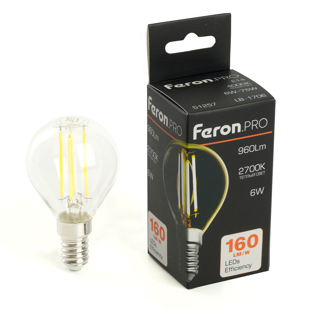 Лампа светодиодная FERON PRO LB-1706 960LM (6W) 175-265V E14 2700K G45 прозрачная 