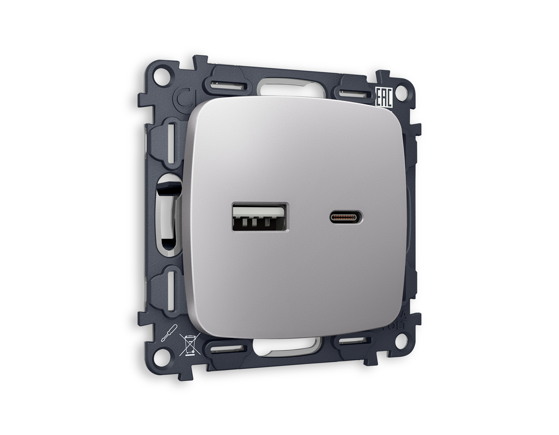 MO511010 Комплект механизма розетки OMEGA Сталь матовый 2USB A+C 20W 3000mA б/зарQUANT(OP5110,VM177)